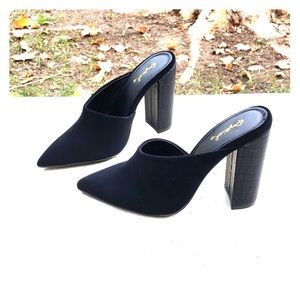 Mule Black Suede Closed Toed Heels